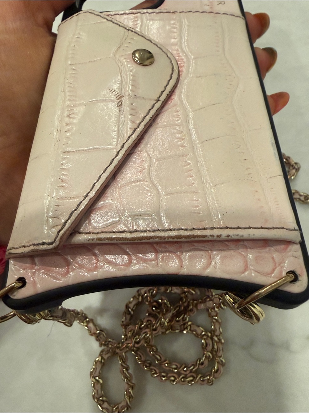 Bandolier iPhone 16 Pro Max Case in pink snake skin with Gold Chain - Picture 10 of 10